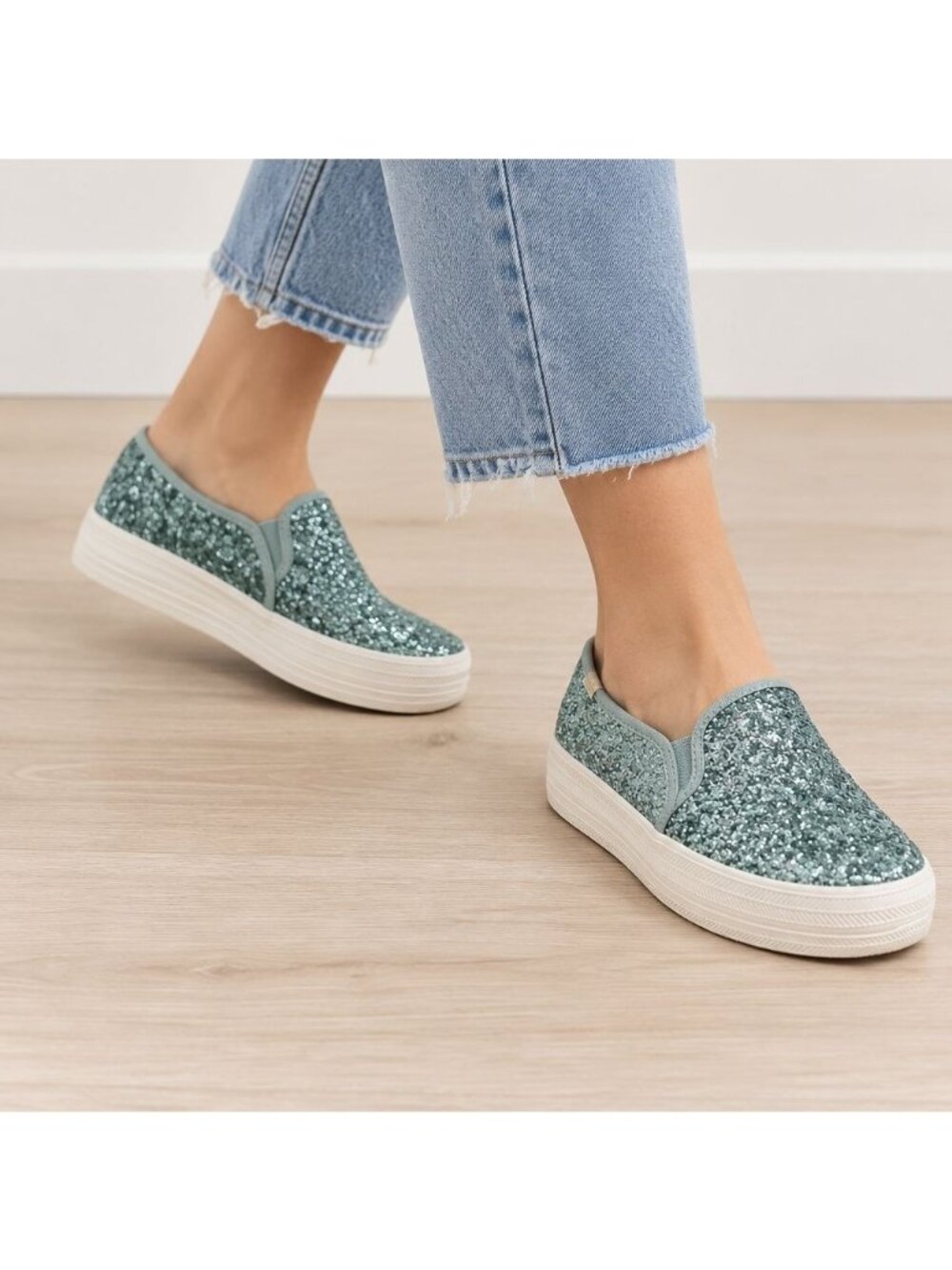 Keds x Kate Spade Blue Glitter Slip-On Sneakers Women’s Size 9 Casual Shoes